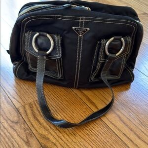Prada Black Nylon Toiletry Shoulder Bag with Silver Rings